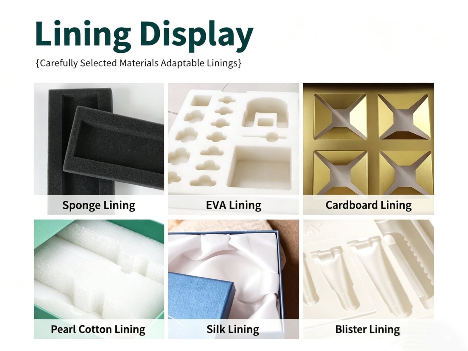 Luxury perfume box inner lining options -- EVA foam die-cut insert, velvet lining, and satin fabric lining on white background