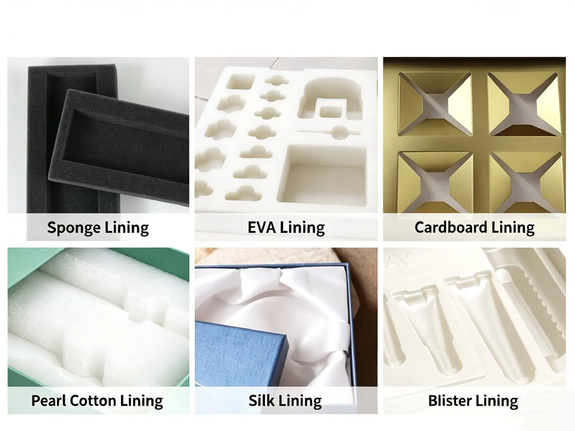 Luxury perfume box inner lining options -- EVA foam die-cut insert, velvet lining, and satin fabric lining on white background