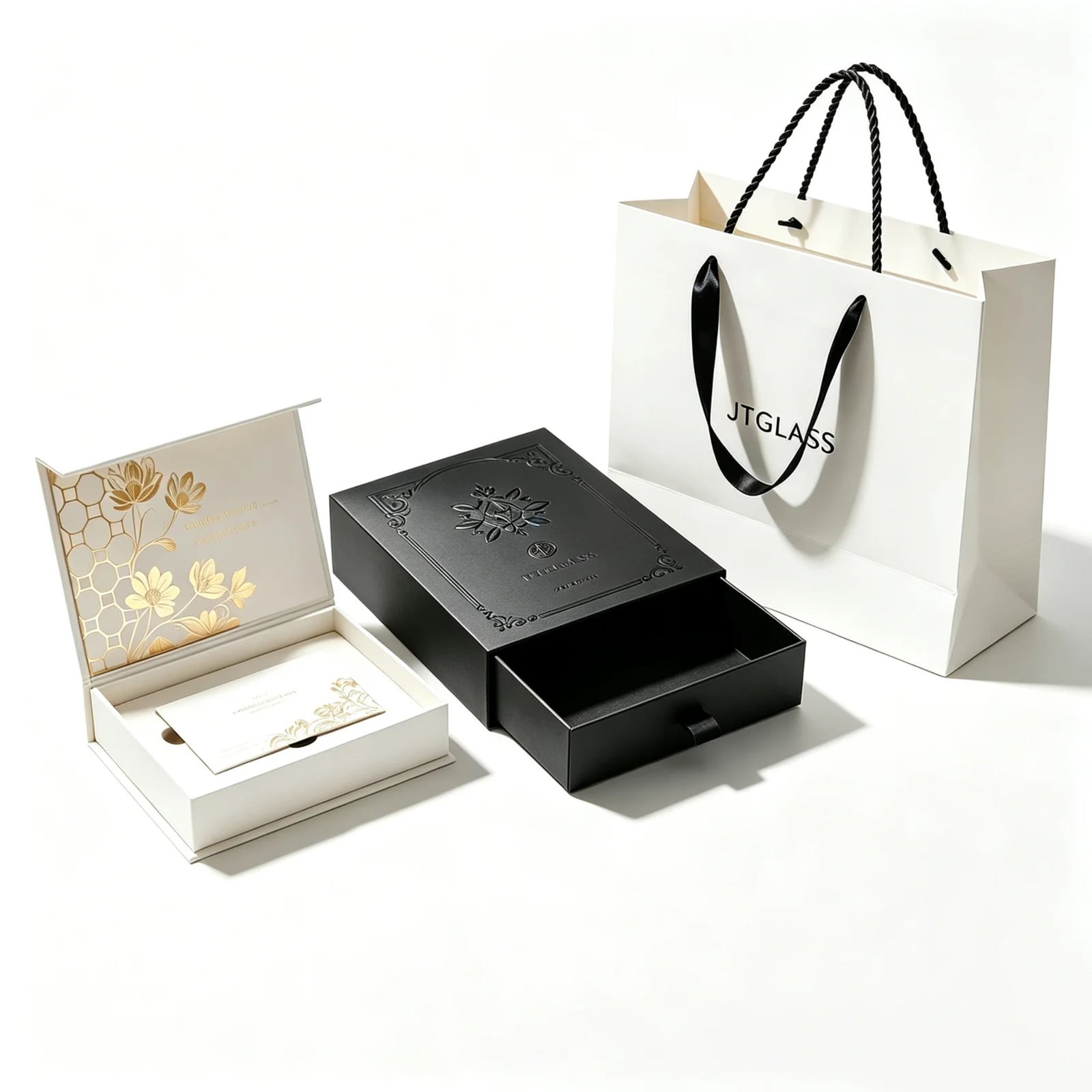 Luxury rigid gift box for premium glass perfume bottles with gold foil stamping