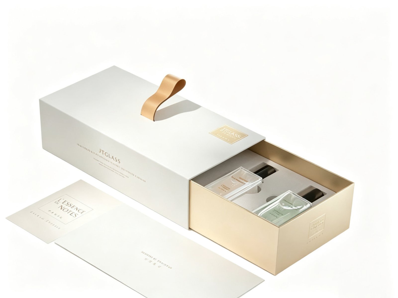 Elegant drawer-style slide box packaging for luxury fragrance glass bottles