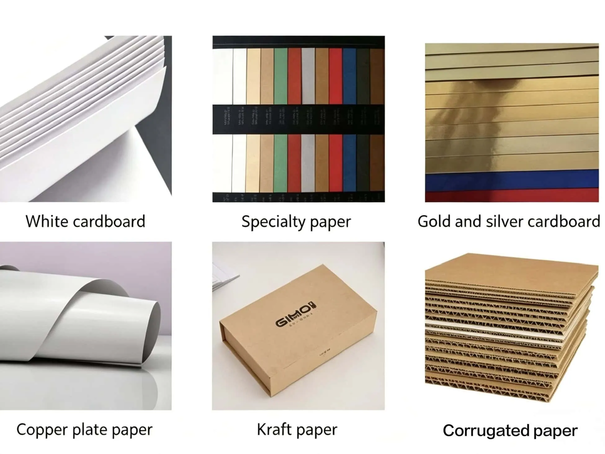 Packaging material swatches showing coated art paper, grey board, specialty paper and kraft paper options