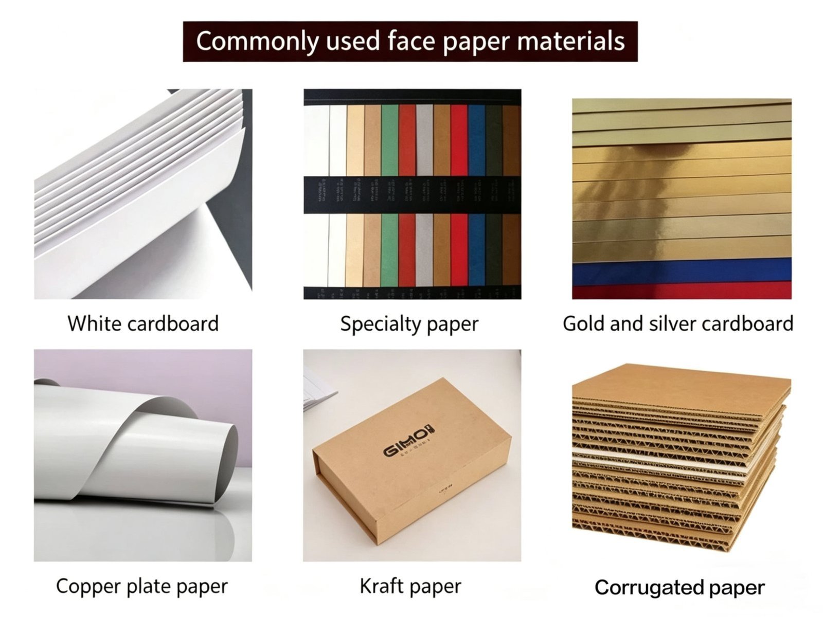 Premium paper material options for luxury perfume packaging -- art paper, rigid board, and kraft paper samples on white background