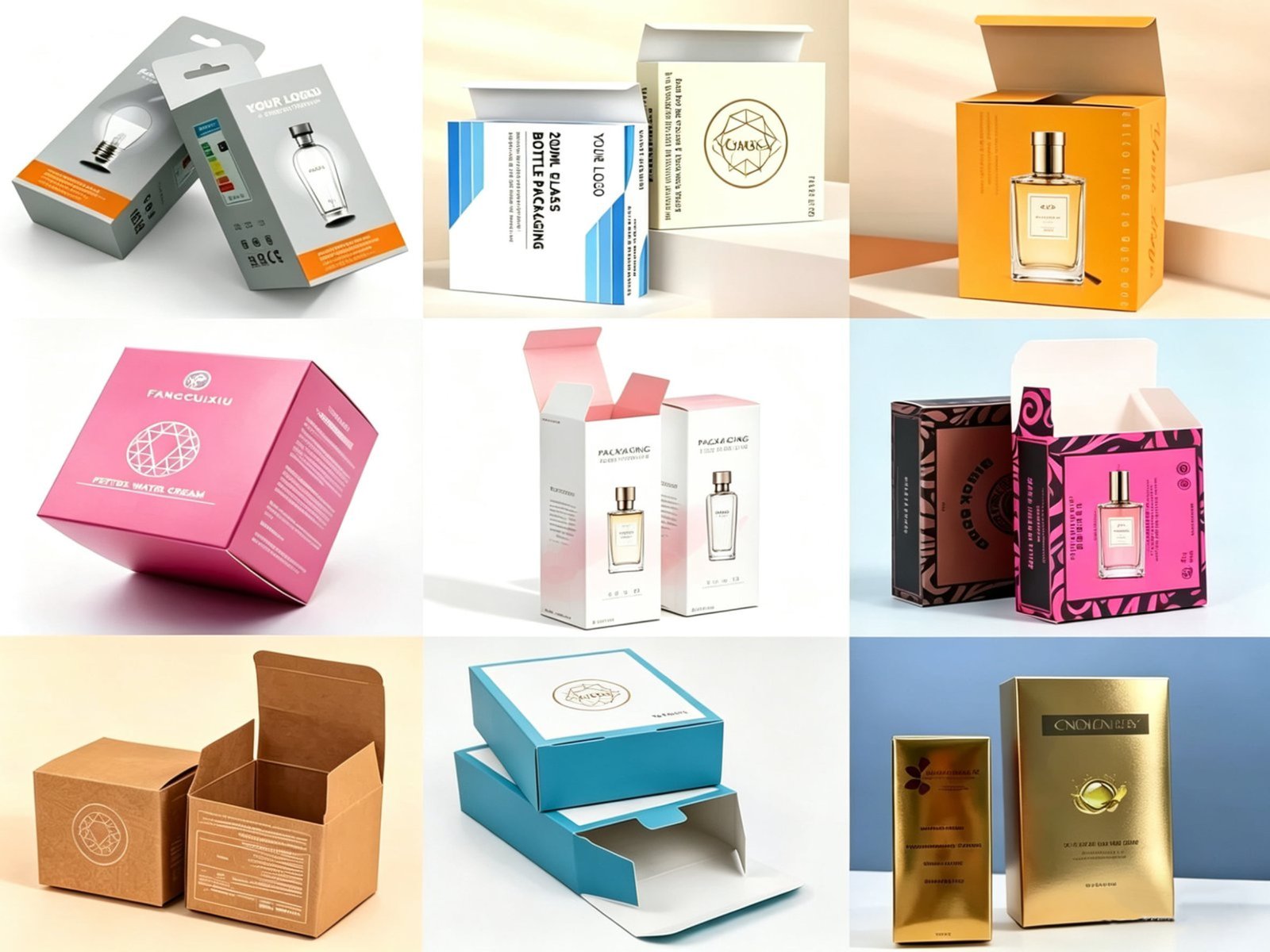 Custom folding carton packaging for cosmetic glass bottles with Pantone color printing