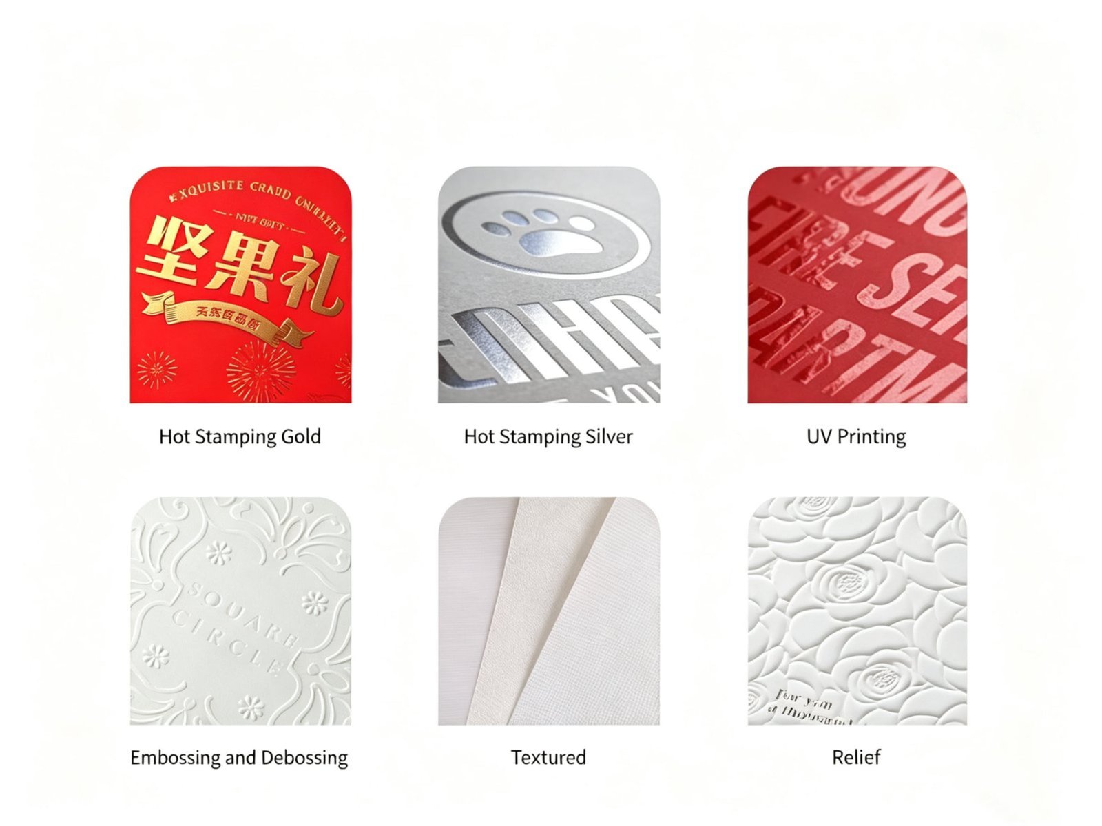 Surface finishing techniques for luxury paper perfume packaging -- hot stamping gold foil, UV spot coating, embossing, and matte lamination samples on white background