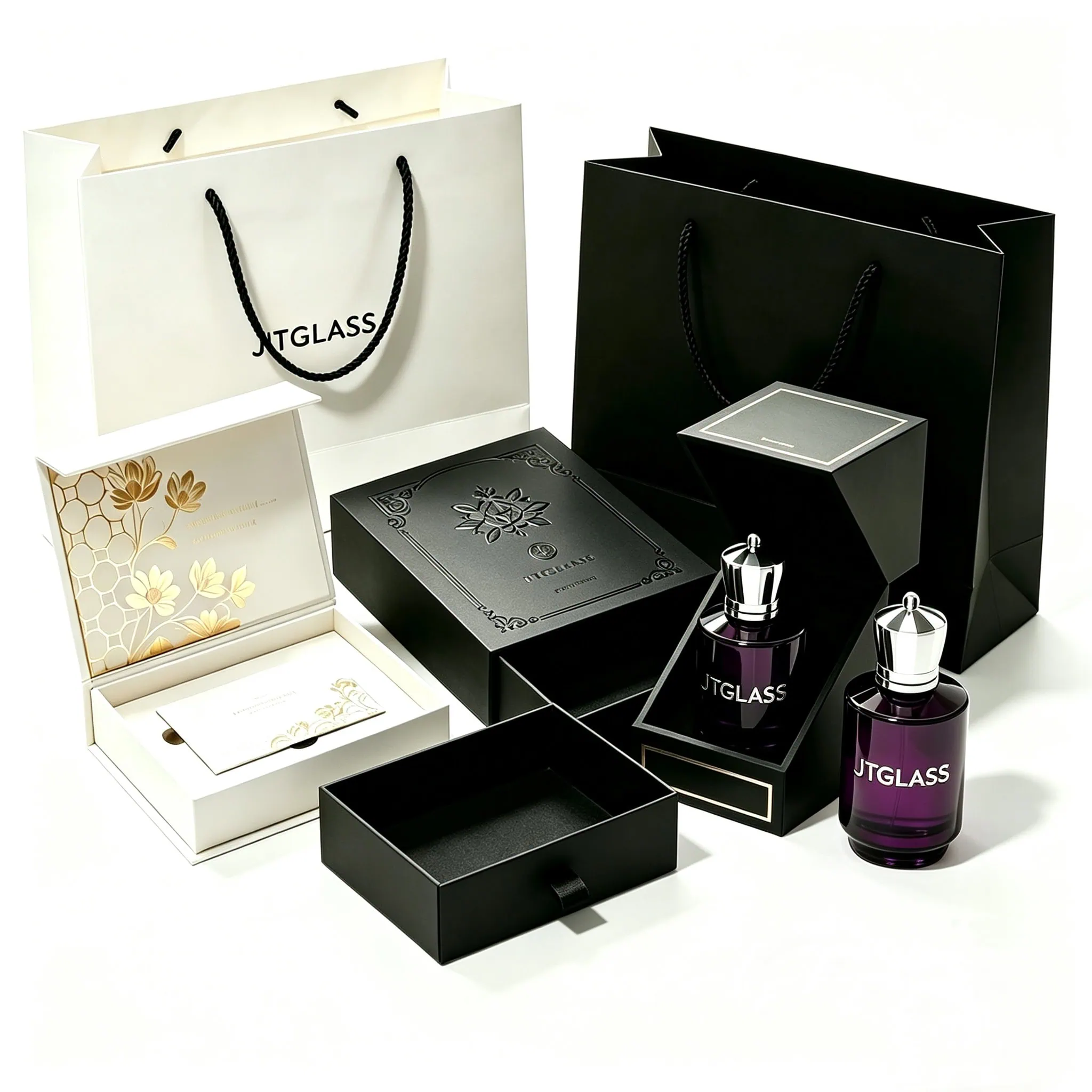 Luxury rigid gift box for premium glass perfume bottles with gold foil stamping