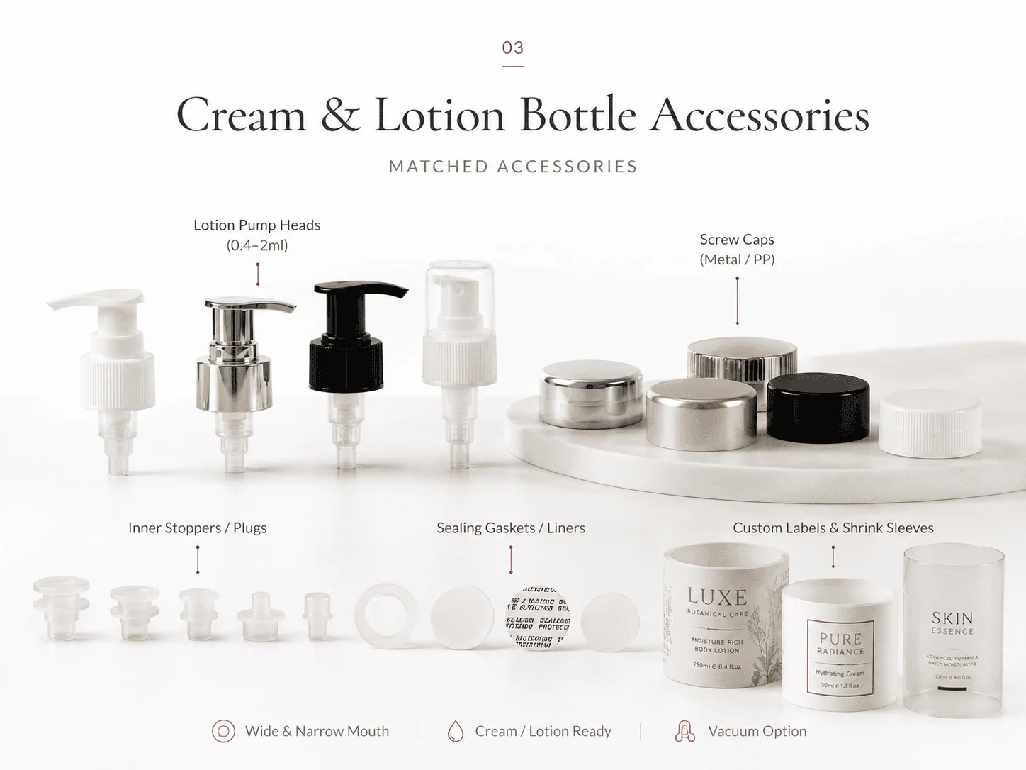 Cream and lotion bottle accessories including pump heads, screw caps, and sealing gaskets