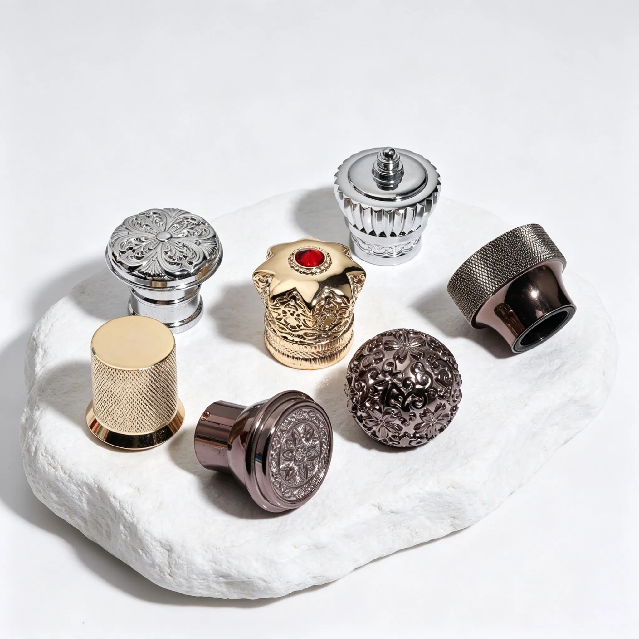 Zinc alloy and aluminum metal caps for luxury perfume bottles -- custom logo engraving available