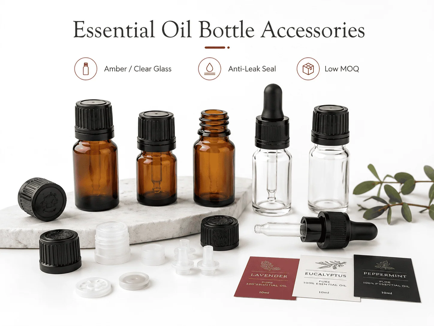 Essential oil bottle accessories: dropper caps, tamper-evident closures, and orifice reducers