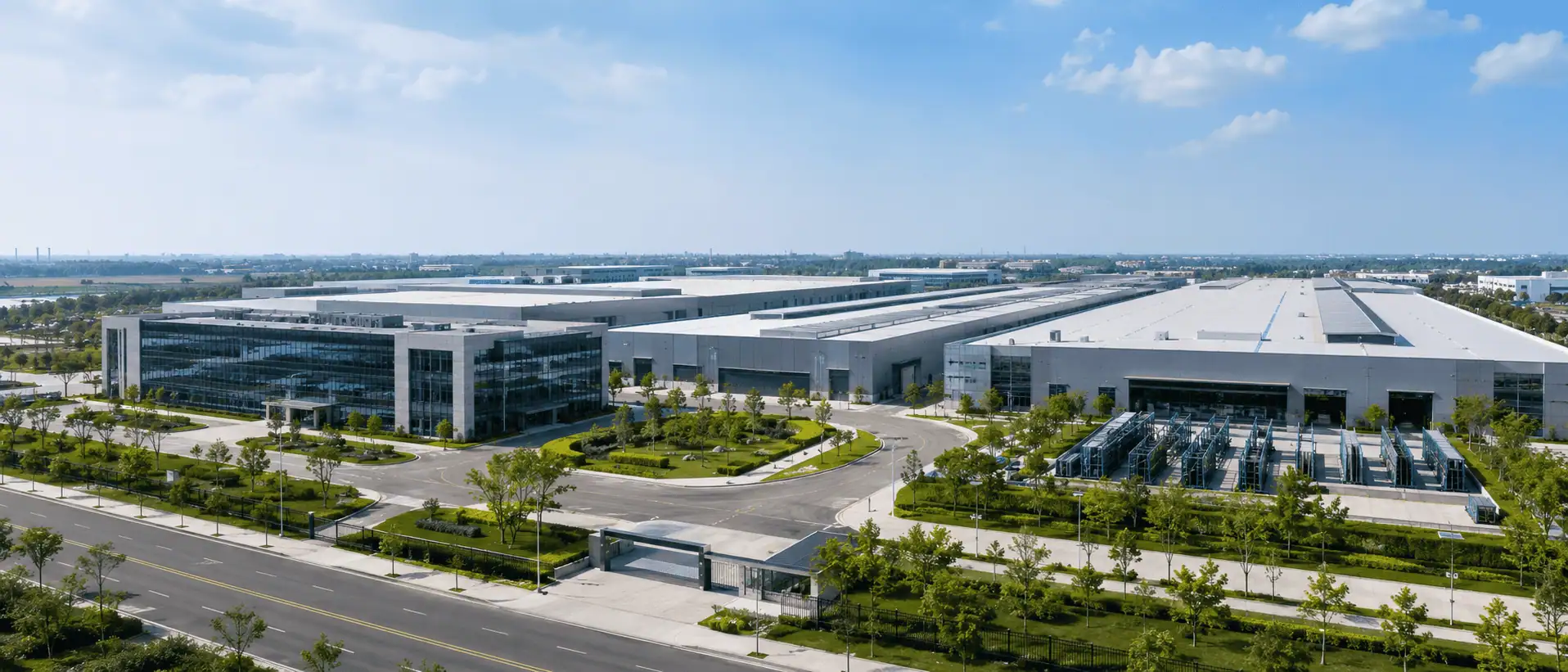Jingteglass 37,630 square meter glass bottle manufacturing factory in Xuzhou, Jiangsu China -- aerial view showing production halls, mold workshop and surface treatment lines