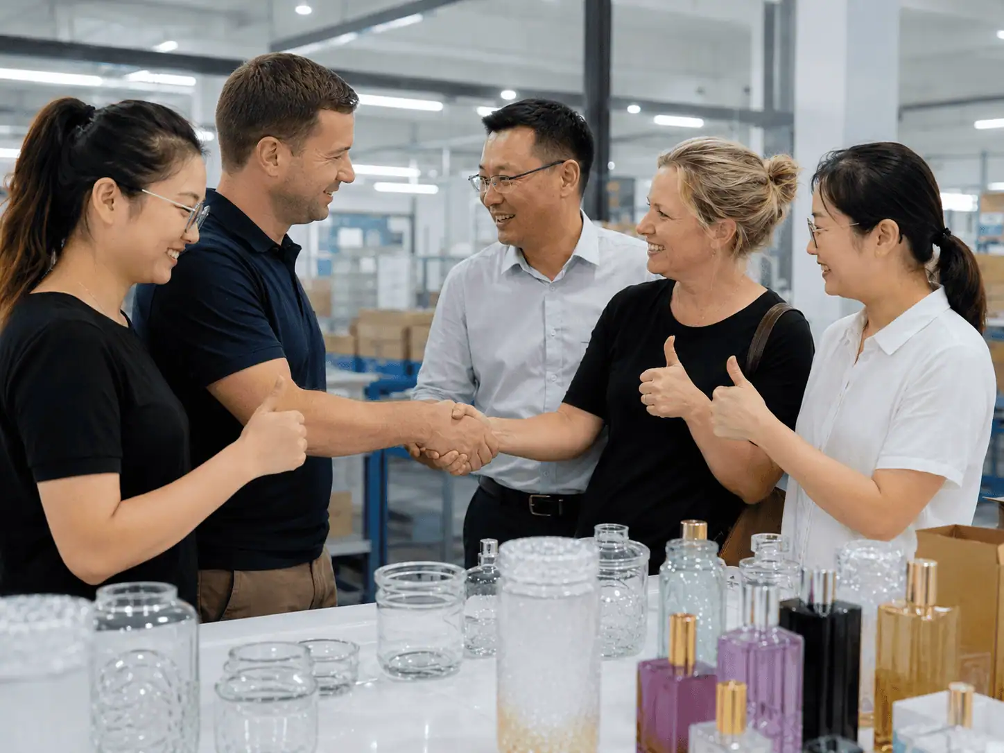 Quality control inspection of finished luxury perfume glass bottles