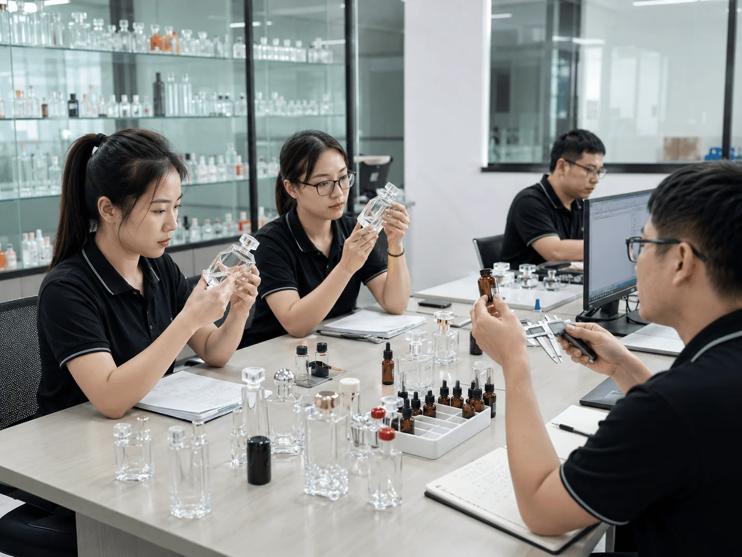 JTGlass packaging design team working on a perfume bottle project