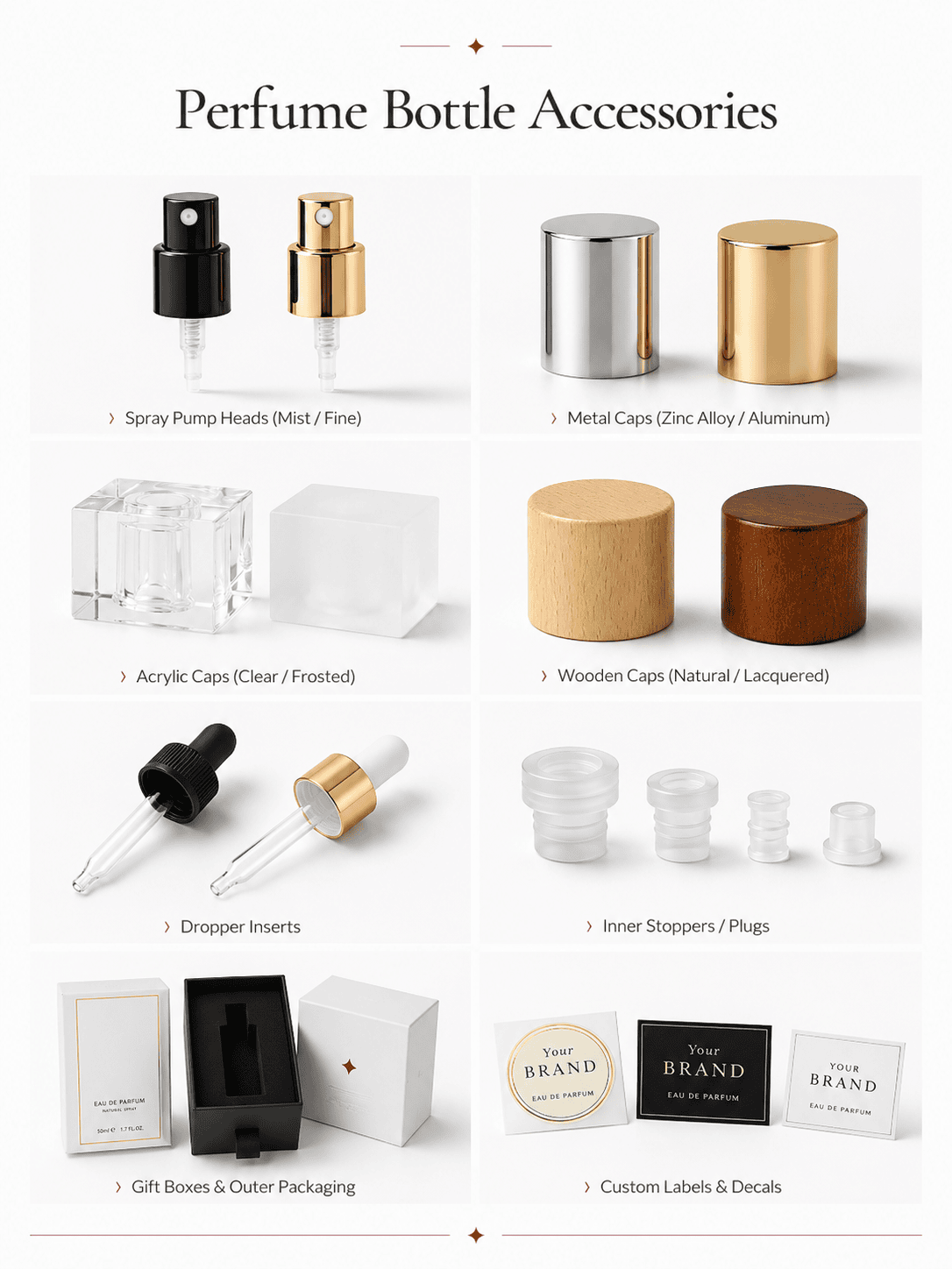 Perfume bottle accessories including spray pumps, metal caps, and gift boxes