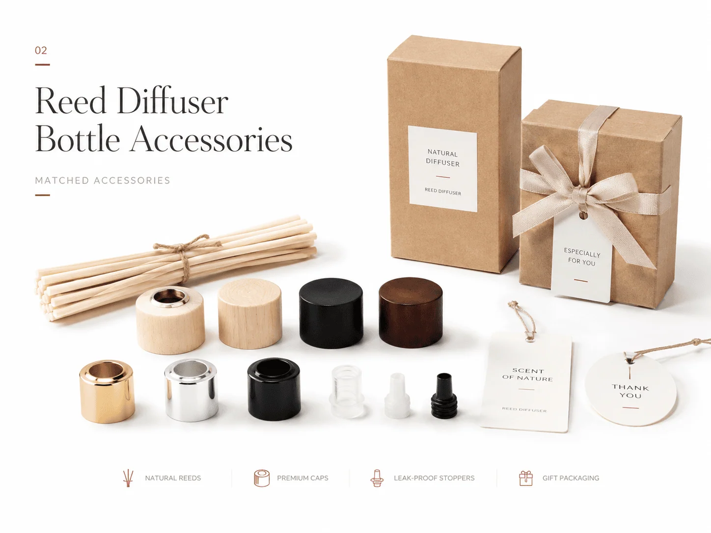 Reed diffuser bottle accessories including rattan sticks, wooden caps, and inner stoppers
