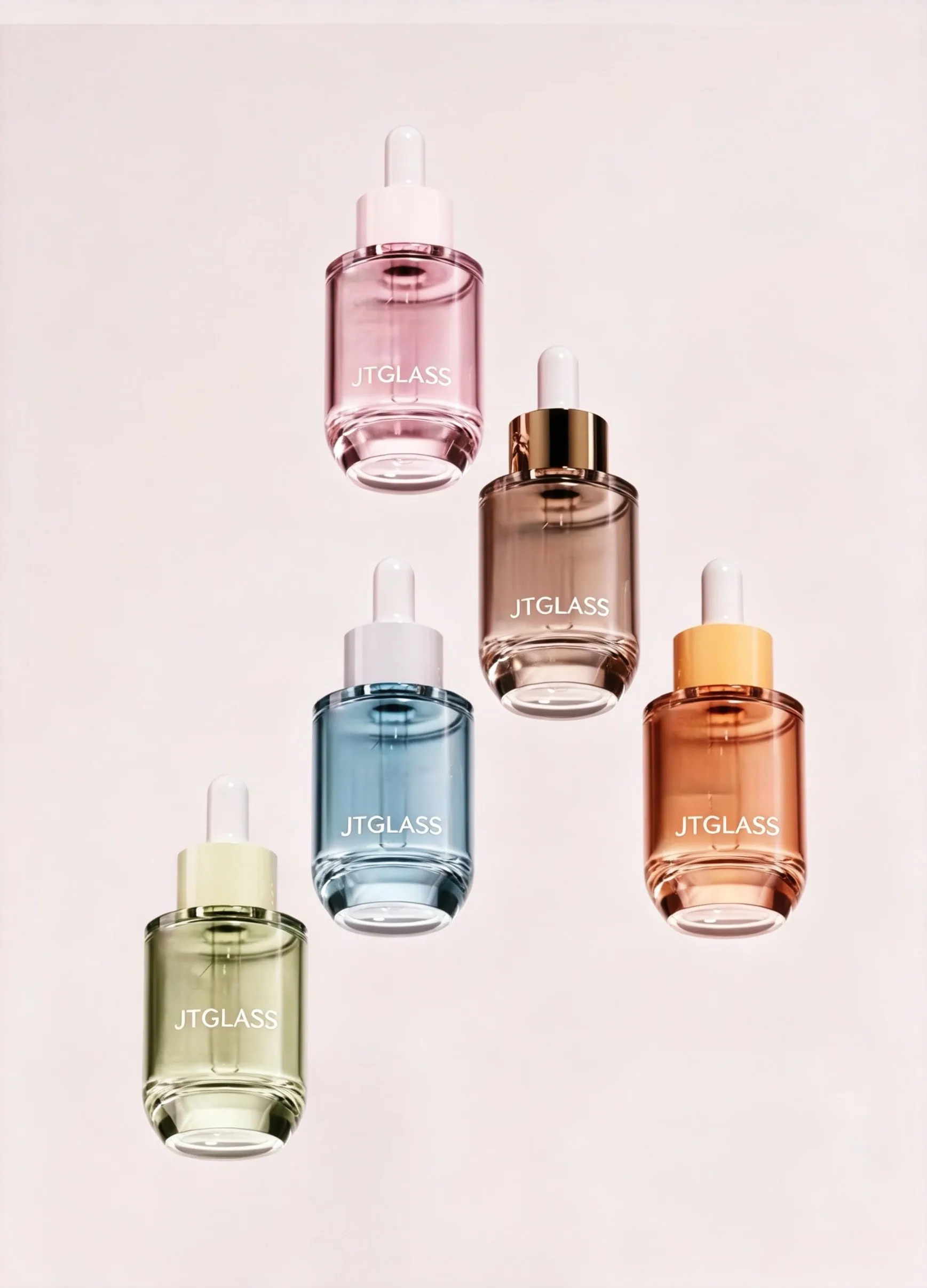 Cosmetic glass packaging samples including lotion bottles, serum bottles and cream jars