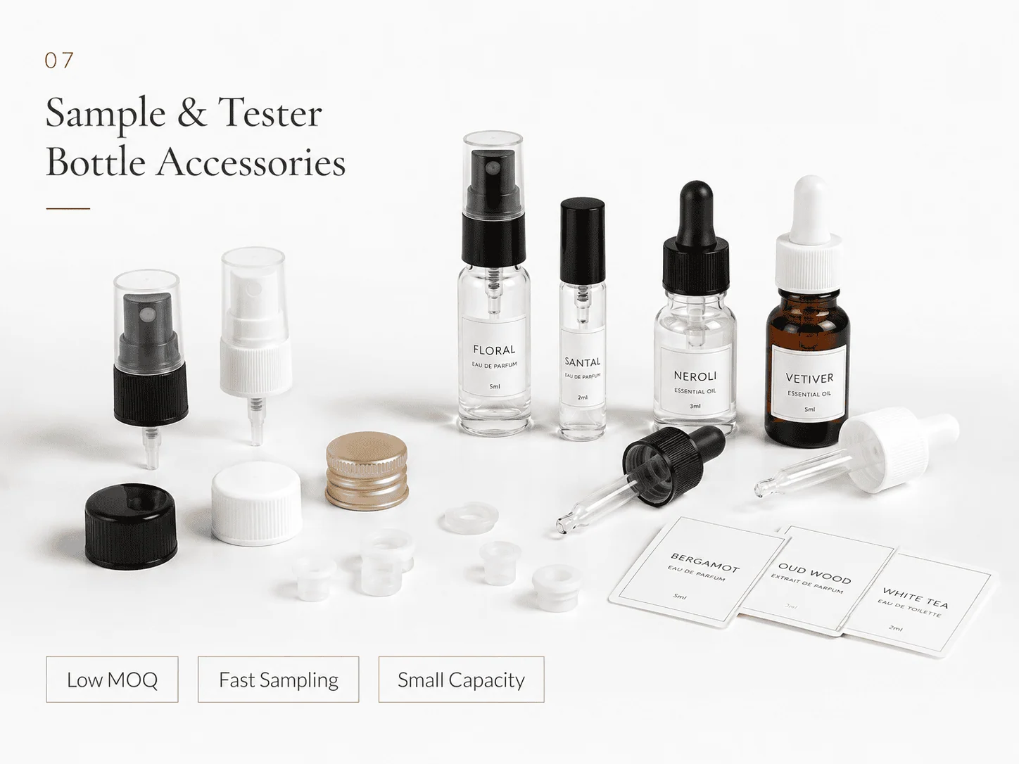 Sample and tester bottle accessories including mini pumps, dropper caps, and labels
