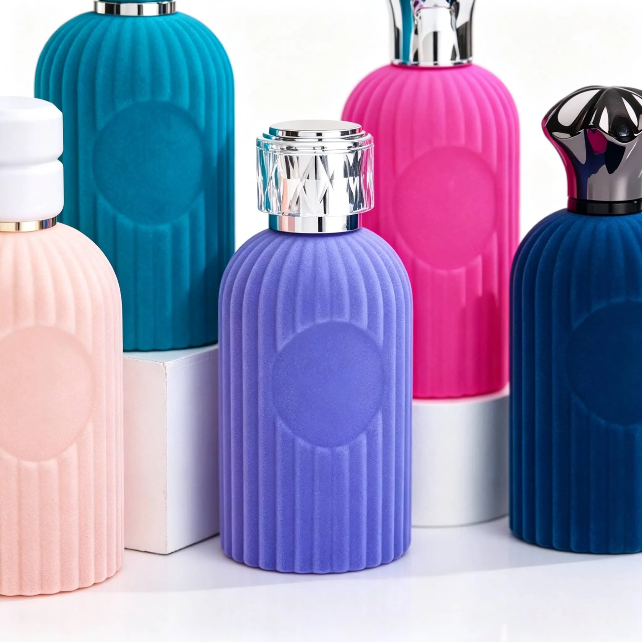 Flocking and pearl finish on glass bottle