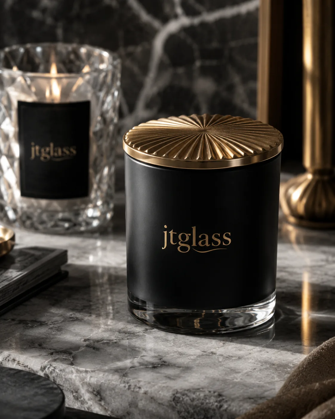 Black glass candle jar manufacturer with gold lid