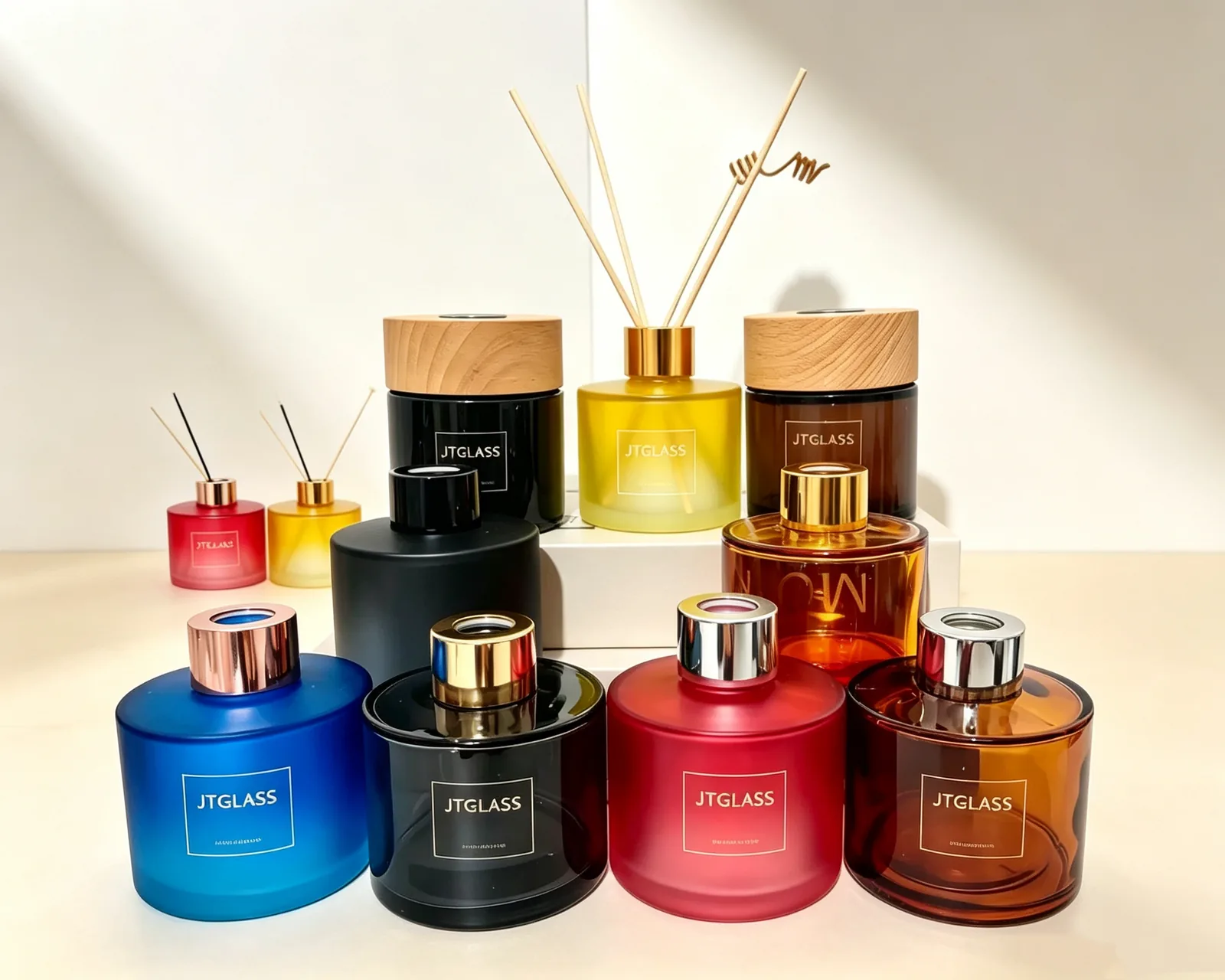 Colored glass candle jars and diffuser bottles