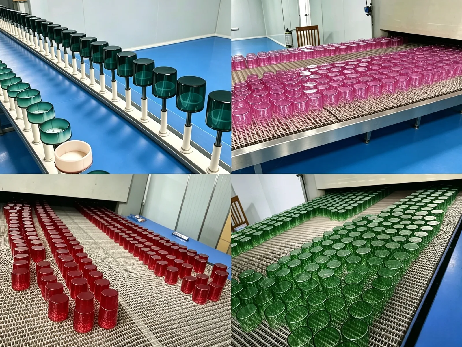 Custom colored glass candle jars moving along the production line