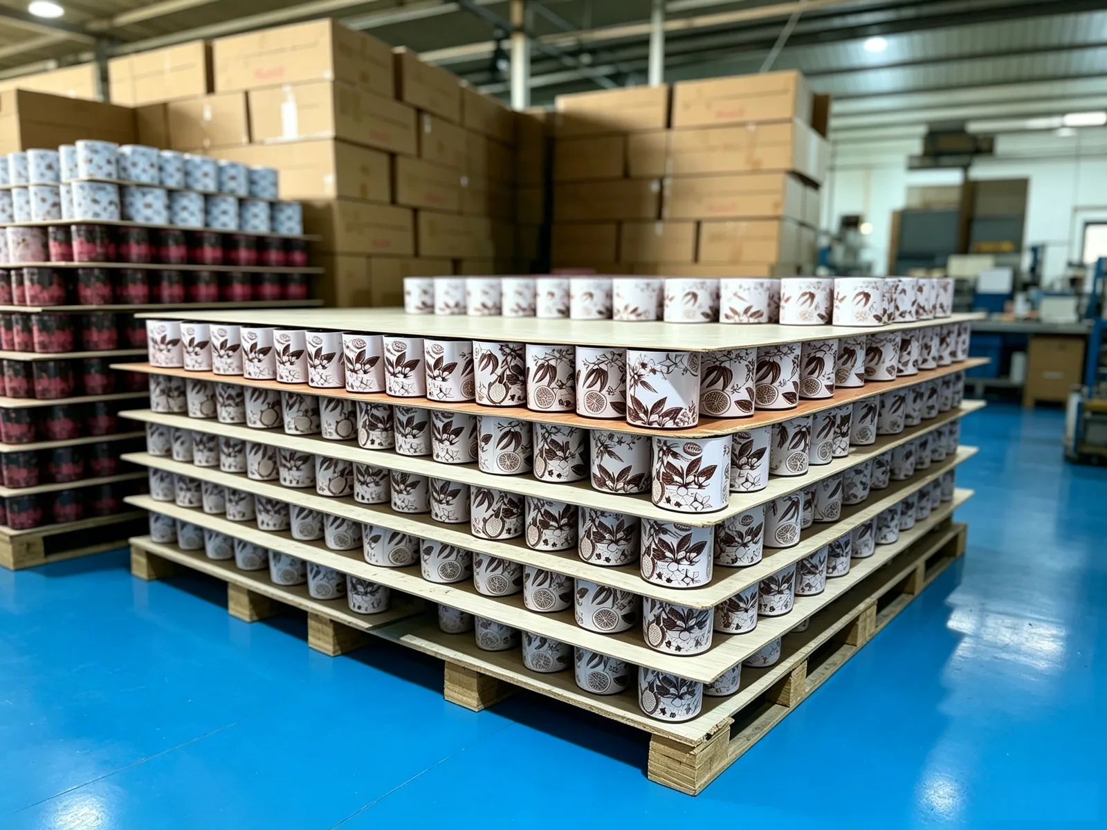 Decorative printed candle jars stored in the bulk warehouse